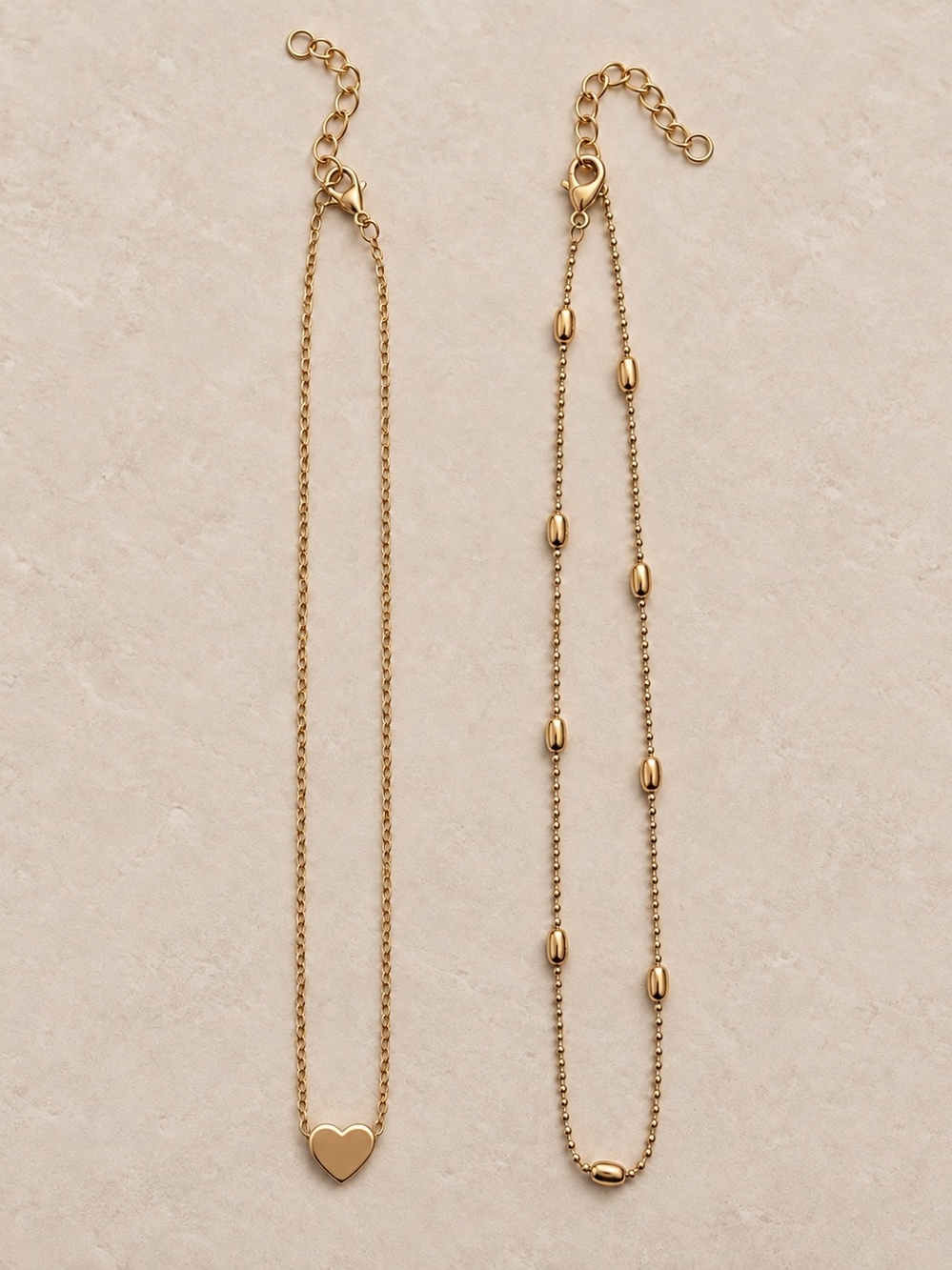 Dainty Gold-tone Heart & Satellite Bead Layered Necklace Set 15" Long Women Cute